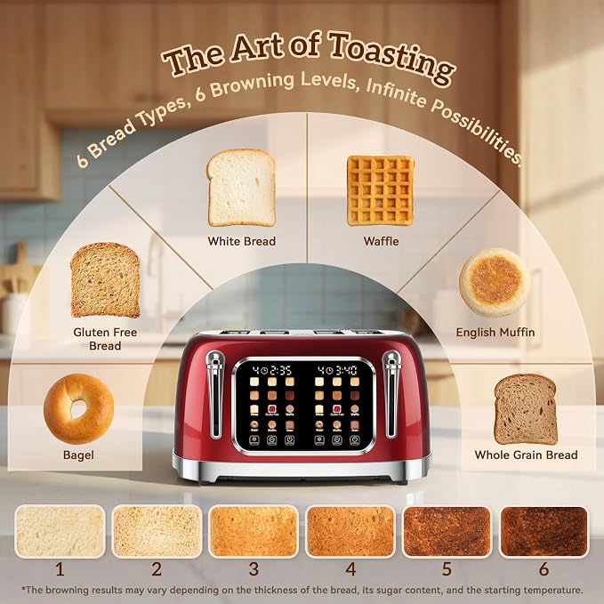 RONGBEST Retro 4 Slice Stainless Steel Toaster with Wide Slot Touch Screen for Family Breakfast, Reheat & Defrost, 6 Browning Levels for Bagel & Bread, Easy Removable Crumb Tray, Red Pearl