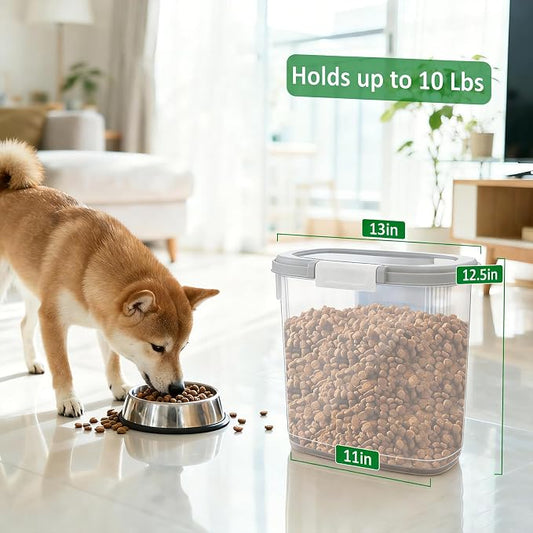 Gray White Airtight Dog Cat Food Storage Container 10 Lbs - Slim Tall Pet Food Treat Container with Lid, Scoop and Cup - Clear Plastic Dry Food Storage Bin for Dogs, Cats, Bird Seeds, Kibble, Pellets