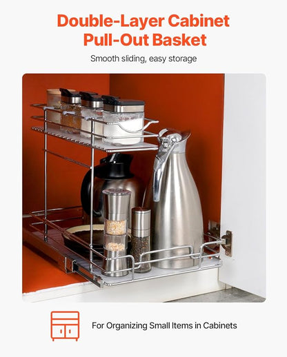VEVOR 2 Tier Pull Out Cabinet Organizer, 12"W x 17"D Slide Out Pantry Shelves, Sliding Drawer Storage, Chrome-Plated Steel Heavy Duty Roll-out Drawers, for Inside Kitchen Cabinet, Bathroom, Under Sink