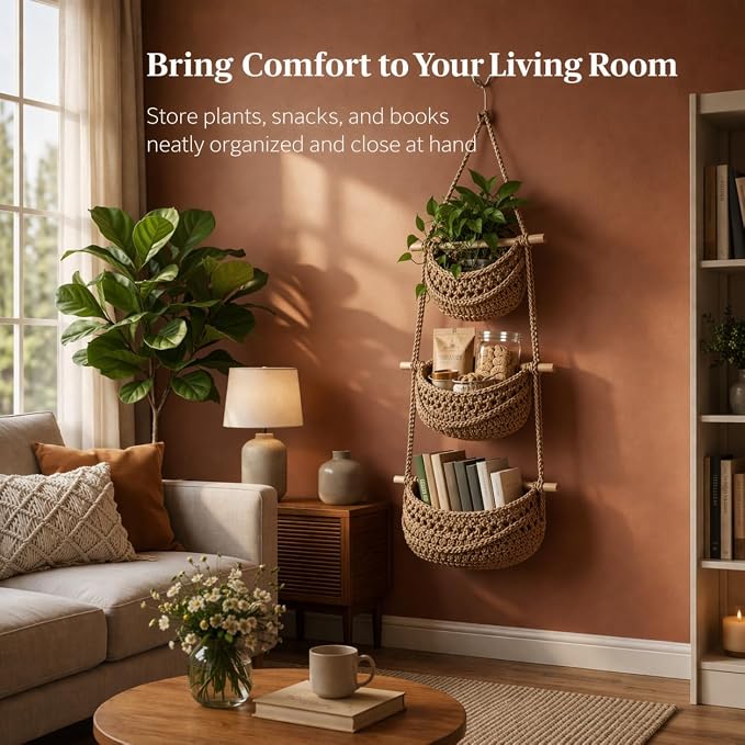 3 Tier Hanging Fruit Basket for Kitchen, Wall Mounted Cotton Rope Produce Storage Organizer, Boho Farmhouse Decor, Space Saver for Small Kitchens, Pantry, Bathroom, RV, Plant & Vegetable Storage