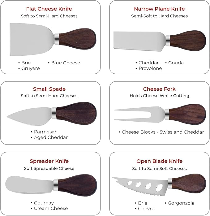 6 Piece Cheese Knives Set with Wooden Handle, Mini Steel Stainless Cheese knife set for Charcuterie and Cheese spread, Perfect for Cheese Slicer and Butter Cutter (Walnut wood, S)