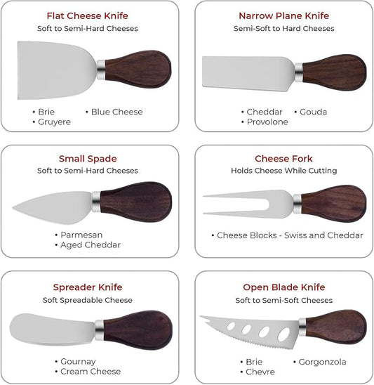 6 Piece Cheese Knives Set with Wooden Handle, Mini Steel Stainless Cheese knife set for Charcuterie and Cheese spread, Perfect for Cheese Slicer and Butter Cutter (Walnut wood, S)