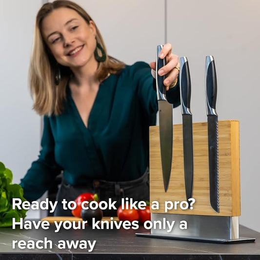 Coninx Magnetic Knife Holder with display stand, Double Sided Strong Magnetic Knife block for Kitchen counter top, Universal empty storage Organizer Block (Bamboo Wood)
