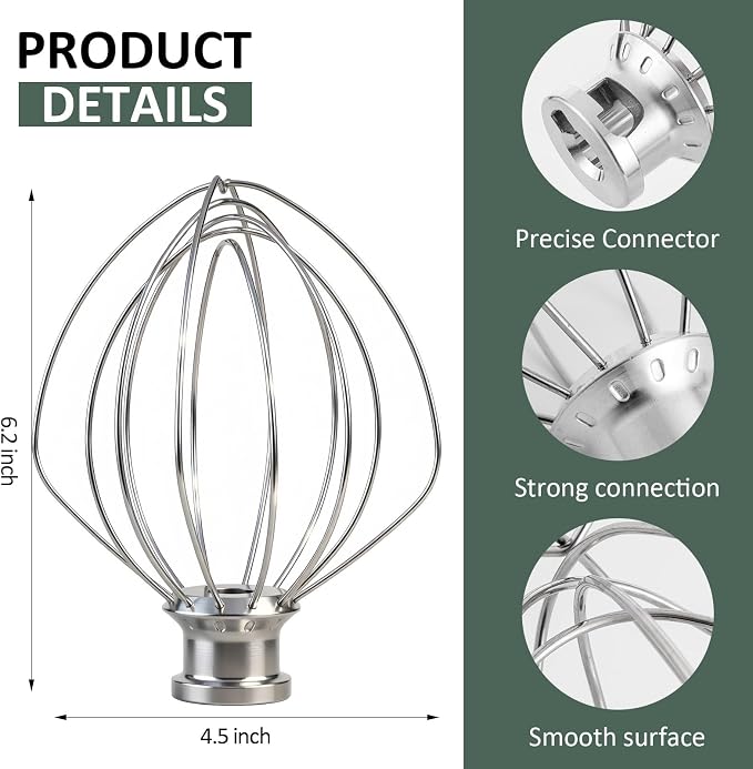 [Upgrade] K45WW Full-body Stainless Steel Wire Whip for KitchenAid, Fit Kitchenaid 4.5 and 5-Quart Tilt-Head Stand Mixer, Food Grade Stainless Steel Attachment, Healthier, Rust free, More Durable