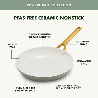 GreenPan Nonstick Reserve Pro 8" Frying Pan, NSF Certified Ceramic, Hard Anodized PFAS-Free Skillet, Stainless Steel Handles, Oven & Dishwasher Safe, Moss Green