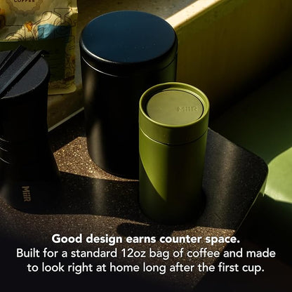 MiiR Airlock Coffee Canister, 12-oz Capacity, 18/8 Stainless Steel, 90% Recycled Content, Sleek Minimalist Design, Black