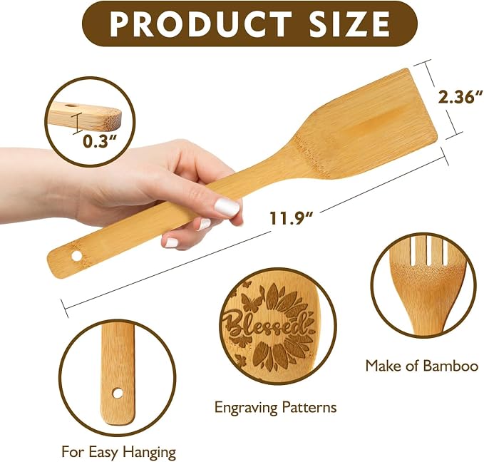 6Pcs Sunflower Engraved Bamboo Spoons Set Kitchen Gifts for Women, You Are My Sunshine Christian Inspired Encouragement Gifts for Mon Grandma, Housewarming & Special Occasion Present