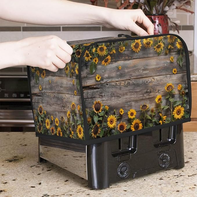 4 Slice Wooden Sunflower Toaster Cover Waterproof Dust Fingerprint Bread Machine Cover Washable Kitchen Appliance Protector For Home Kitchen Bakeware Table Decor Women Gifts