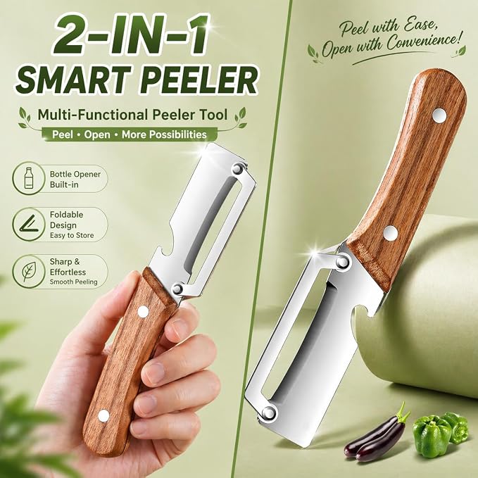 2-Pack Vegetable Peeler with Bottle Opener, Stainless Steel Kitchen Peeler with Wooden Handle, Easy Peeling Tool for Potatoes, Fruits & Vegetables