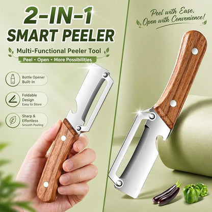 2-Pack Vegetable Peeler with Bottle Opener, Stainless Steel Kitchen Peeler with Wooden Handle, Easy Peeling Tool for Potatoes, Fruits & Vegetables