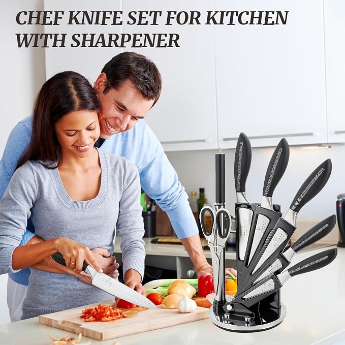 Kitchen Knife Set, Retrosohoo 8-Piece Grey Sharp Non-Stick Coated Chef Knives Block Set,Stainless Steel Knife Set for Kitchen with Sharpener for Cutting Slicing Dicing Chopping (Grey)