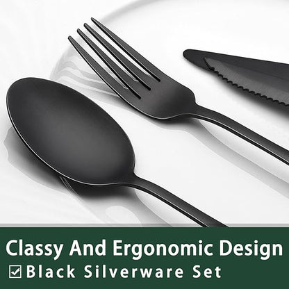 EWFEN 24-Piece Black Silverware Set with Steak Knives, Black Flatware Set for 4, Food-Grade Stainless Steel Tableware Cutlery Set, Mirror Finished Utensil Sets for Home Restaurant, Square Edge