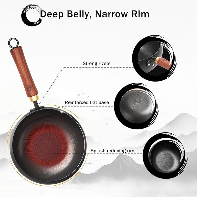 WANGYUANJI Carbon Steel Wok Pan Flat Bottom Iron Stir Fry Pan Induction Cookware 9.5 Inch Uncoated Small Traditional Skillet with Lid