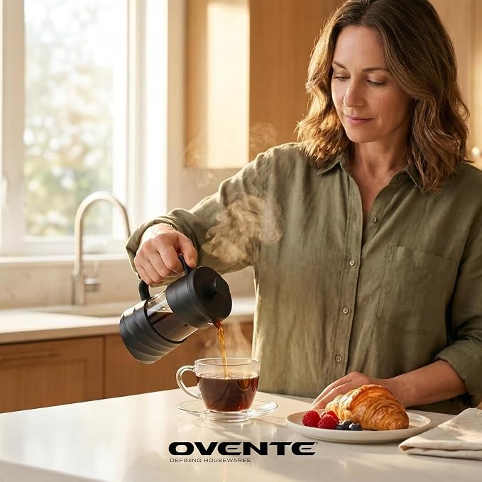 OVENTE French Press Coffee Maker 12 Ounce with Heat Resistant Borosilicate Glass & Stainless Steel 4-Level Filtration System, Portable Cold Brew Coffee Maker for Travel, Camping or Gift, Black FPW12B