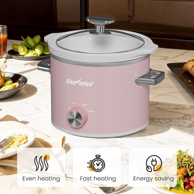 Sunvivi 2 Quart Slow Cooker, Small Slow Cooker with Removable Ceramic Pot, Food Warmer with 3 Heating Settings & Dishwasher Safe Glass Lid, Pink