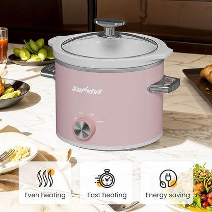 Sunvivi 2 Quart Slow Cooker, Small Slow Cooker with Removable Ceramic Pot, Food Warmer with 3 Heating Settings & Dishwasher Safe Glass Lid, Pink