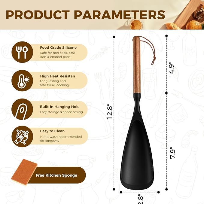 Silicone Cooking Spoon for Nonstick Cookware – 2-Pack Wooden Handle Spatula, Multi-Function Kitchen Tool for Stirring, Scooping, Scraping & Serving, Heat-Resistant(Black, 12.8 Inch)