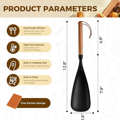 Silicone Cooking Spoon for Nonstick Cookware – 2-Pack Wooden Handle Spatula, Multi-Function Kitchen Tool for Stirring, Scooping, Scraping & Serving, Heat-Resistant(Black, 12.8 Inch)