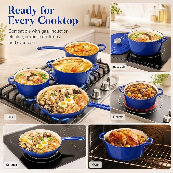 7-Piece Enameled Cast Iron Cookware Set: Dutch Ovens, Skillet & Sauce Pan with Non-Stick Ceramic Coating - Oven Safe to 550°F, PFOA-Free (Cobalt Blue)