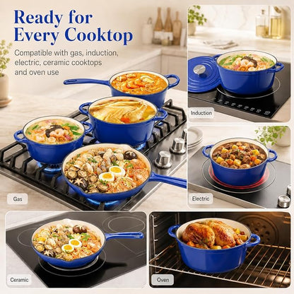 7-Piece Enameled Cast Iron Cookware Set: Dutch Ovens, Skillet & Sauce Pan with Non-Stick Ceramic Coating - Oven Safe to 550°F, PFOA-Free (Cobalt Blue)