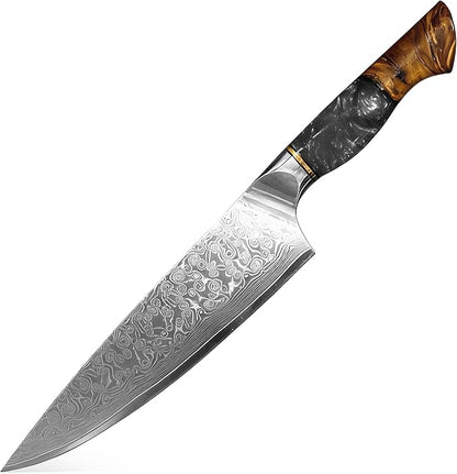 Damascus Kitchen Knife | 67-Layer Damascus Steel | 13” Professional Chef Knife | Ergonomic Wood & Resin Handle | Gift Box Included (Black, 1 Piece)