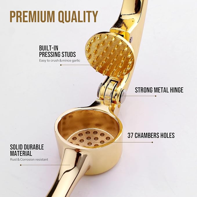 Premium Garlic Press, Professional Garlic Mincer, Easy to Squeeze and Clean, Rust Proof & Dishwasher Safe, Efficient Ginger Crusher- Gold…