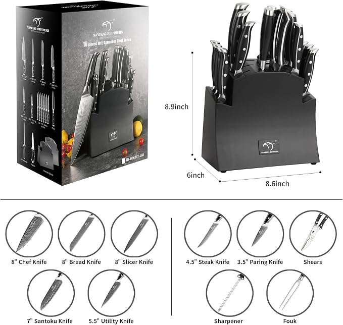 16-Piece Damascus Knife Set with Block, VG10 67-Layer Damascus Steel Kitchen Knife Set with Triple-Rivet Handles, 6 Steak Knives, Meat Fork, Sharpener & Scissors, Black