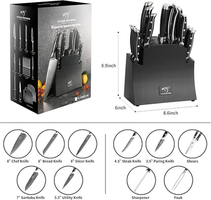 16-Piece Damascus Knife Set with Block, VG10 67-Layer Damascus Steel Kitchen Knife Set with Triple-Rivet Handles, 6 Steak Knives, Meat Fork, Sharpener & Scissors, Black