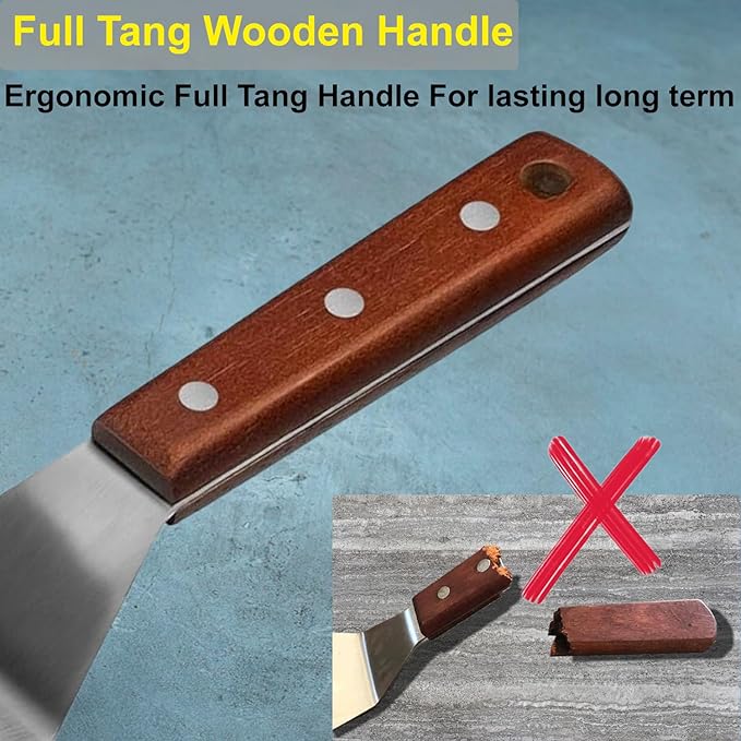 professional metal spatula Ideal for Cast Iron Skillets and Flat Top Grills, Full Tang Wooden Handle,1.8mm Thick Stainless Steel Blade, Perfect for Cooking, BBQ, Flipping Burgers, 5x3 inch