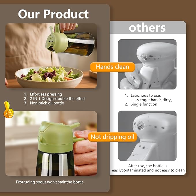 SWEET VIEW Olive Oil Dispenser and Oil Sprayer – 16oz/470ml Glass Light-Proof Oil Pourer for Kitchen Air Fryer, Cooking, Salad, and BBQ, with Stickers
