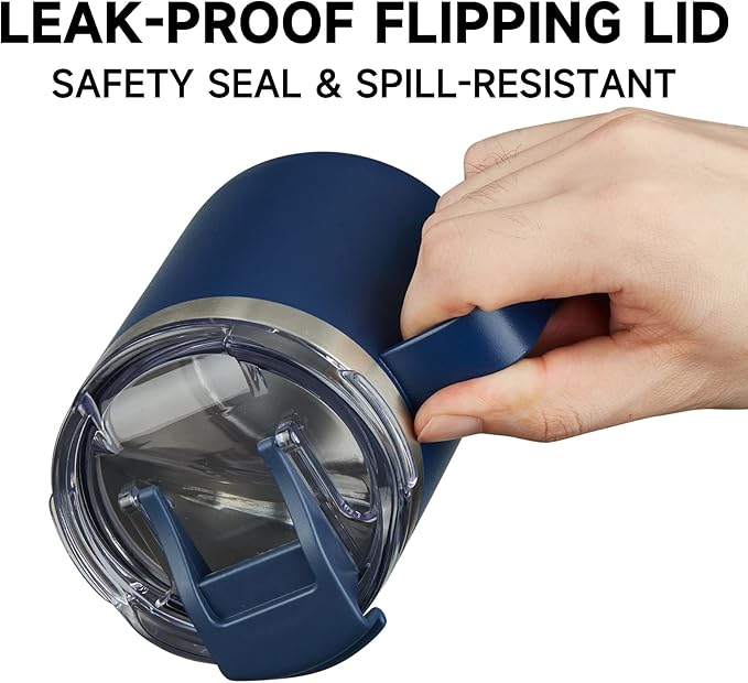 12oz Stainless Steel Insulated Coffee Mug with Handle, Double Wall Vacuum Tumbler Cup with Fliping Lid, Navy, 2 Pack