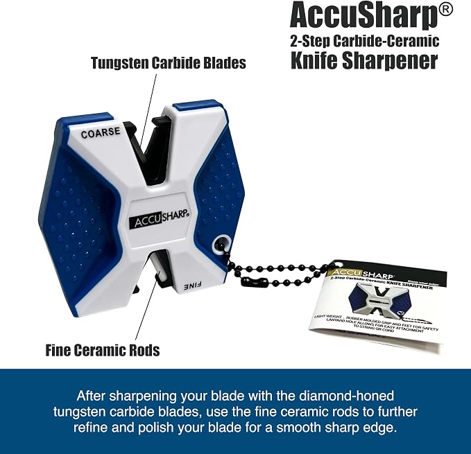 AccuSharp Pull Through Knife Sharpener Keychain, 2-Stage Sharpener for Straight or Serrated Kitchen Knives, Handheld Tool for Fishing & Hunting, White/Blue