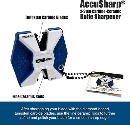 AccuSharp Pull Through Knife Sharpener Keychain, 2-Stage Sharpener for Straight or Serrated Kitchen Knives, Handheld Tool for Fishing & Hunting, White/Blue