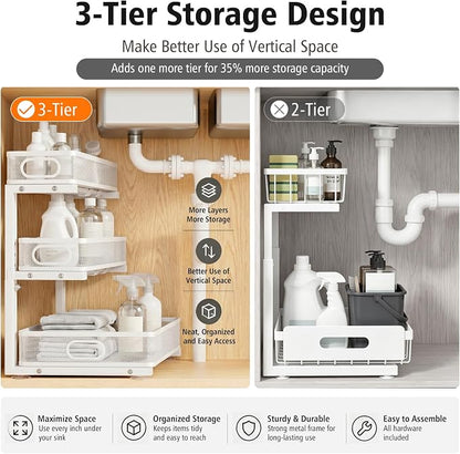 Under Sink Organizer, 3 Tier Pull Out Cabinet Organizer with 5 Adjustable Heights, Metal Under Sink Storage with Sliding Drawers for Kitchen, Bathroom, Pantry and Laundry Room, 2-Pack White
