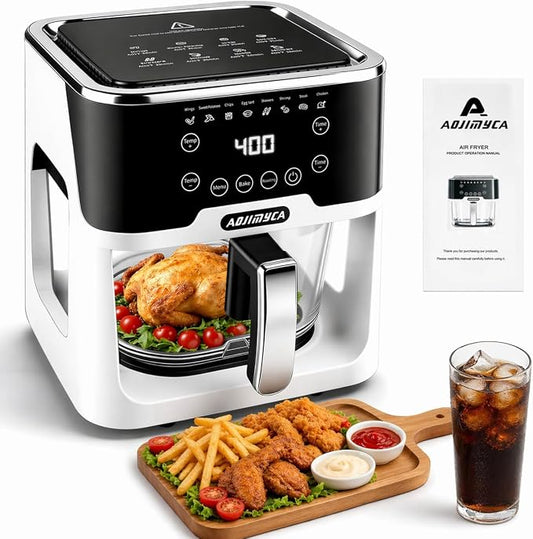 Glass Air Fryer, Portable Air Fryer with 6.0QT Glass Container, Adjustable Time & Temp, Power-Off & Overheat Protection, 8-in-1 Non Toxic AirFryer for Quick Easy Meals
