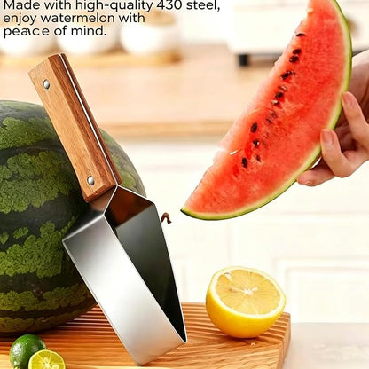 2PCS Stainless Steel Watermelon Cutter, Triangle Fruit Slicer with Wooden Handle, Melon Divider Tool for Watermelon, Cantaloupe and Honeydew, Kitchen Gadget for Picnic and BBQ