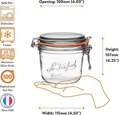 Le Parfait Super Terrine 500mL (16oz) Zero Waste Eco-Friendly Glass Canning Jar, Airtight Rubber Seal & Wire Bail Lid, BPA-Free, Water Bath Safe for Food Storage & Preserving, Made in France