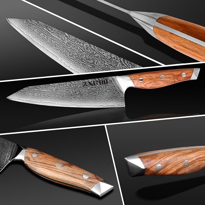 XITUO Damascus Steel Kiritsuke Knife 8-Inch, Japanese Chef Knife VG-10 67 Layers Steel Kitchen Knife, Ultra Sharp Razor Edge for Meat Vegetable Chopping, Olive Wood Handle Gift for Chefs