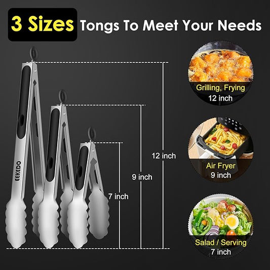 Metal Tongs for Cooking, Heat Resistant 600 Degrees Stainless Steel Kitchen Tongs with Silicone Handle, Locking Tongs for BBQ, Grilling, Serving, Salad, Dishwasher, Set of 3(7", 9" and 12")