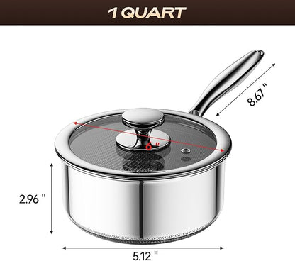 1 Quart Stainless Steel Saucepan with Glass Lid,6 Inch Hybrid Nonstick Sauce Pan,PFAS PFOA PTFE Free,Stay-Cool Handle,Dishwasher-Friendly,Oven-Safe,Small Pots Compatible with All Cooktops