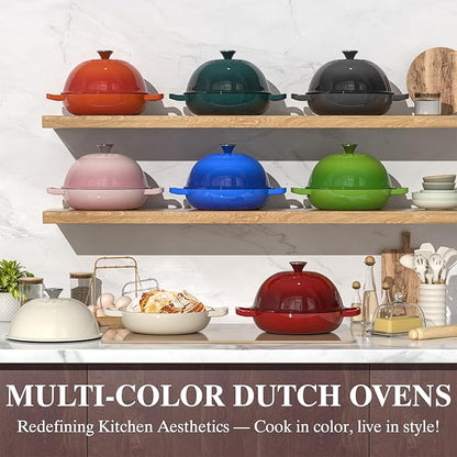 Enamelled Cast Iron Dutch Oven Pot – Dutch Oven Pot with Lid For Sourdough Bread Baking – Cast Iron Bread Oven – Red, Umite Chef 6QT Pot with Lid & Cotton Potholders