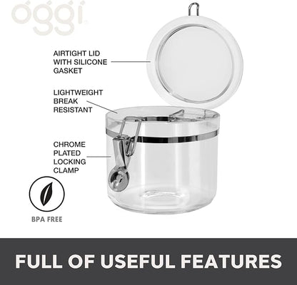 Oggi Clear Canister with Clamp Lid, 28 oz - Large Airtight Food Storage Container, for Kitchen & Pantry Storage of Bulk, Dry Foods Including Pasta, Flour, Sugar, Coffee, Rice, Tea, Spices & Herbs