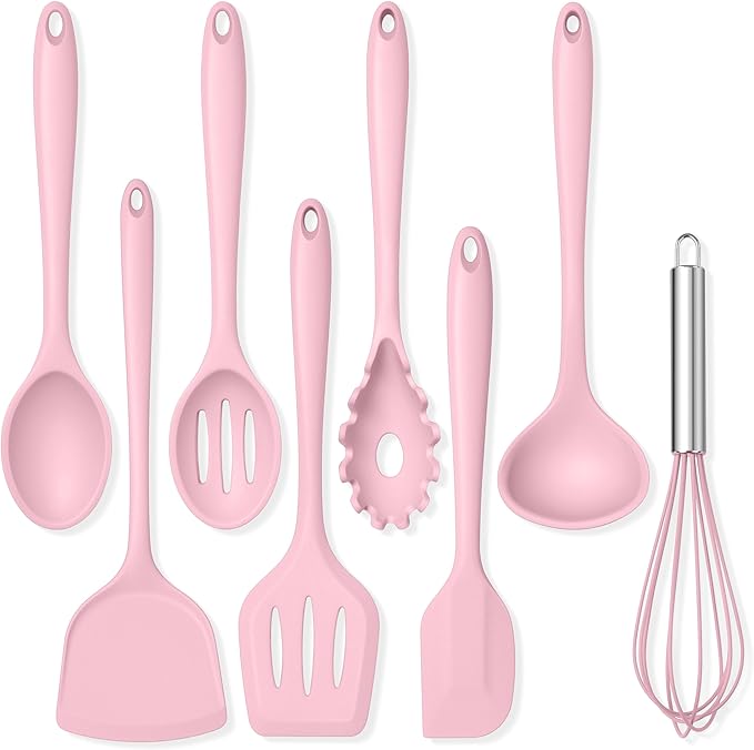 TeamFar Silicone Cooking Utensils Set, 8 PCS Kitchen Utensils Set, 446°F Heat Resistant, Turner, Spatula, Spoon, Whisk, Kitchen Cooking Gadgets Tools for Nonstick Cookware, Dishwasher Safe-Pink
