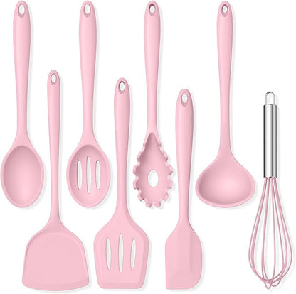 TeamFar Silicone Cooking Utensils Set, 8 PCS Kitchen Utensils Set, 446°F Heat Resistant, Turner, Spatula, Spoon, Whisk, Kitchen Cooking Gadgets Tools for Nonstick Cookware, Dishwasher Safe-Pink