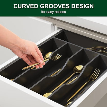 Bellsal Black Utensil Organizer 10 Inch Silverware Tray for Utensil Holder Cutlery Organizer Kitchen Drawer Organizer 5 Compartment Small Narrow Bamboo