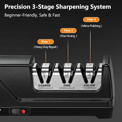 Electric Knife Sharpener, 3-Stage Kitchen Knife Sharpener with 15° Precision Angle Guide,100% Diamond Abrasives, Fast Sharpen Repair Polish Sharpener for Chef Knives Home Kitchen Beginner Use,Black