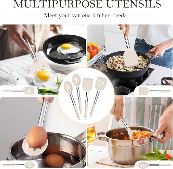 TeamFar Kitchen Utensils, 4 PCS Silicone Cooking Utensils Spatula Spoon Set with Stainless Steel Handle, for Frying Mixing Draining Turning, Healthy & Heat-proof, Non-stick & Dishwasher Safe - Khaki