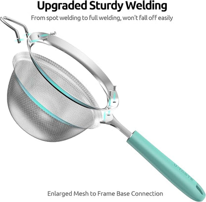 U-Taste Medium Fine Mesh Strainer: 18/8 Stainless Steel 4.73in 30 Mesh Kitchen Food Sieve with Sturdy Riveted Silicone Handle, Heavy Duty Deep Handheld Metal Colander for Rice, Quinoa, Flour(Aqua Sky)