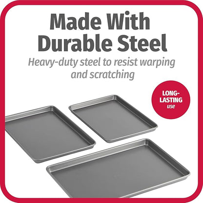 GoodCook Everyday Nonstick Baking Sheet Set, 3 Pack Includes Small (13×9) Medium (15×1) and Large (17×11) Pans Carbon Steel Construction Cookie Sheets Bakeware Set, Gray