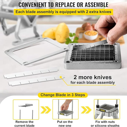 VEVOR Replacement Chopper Blade, 1/4 inch, 3 PCS French Fry Blade Assembly with 6 Extra Knives, Stainless Steel Dicer Parts and Push Block for Cutting Potatoes Carrots Onions Cucumbers Mushrooms